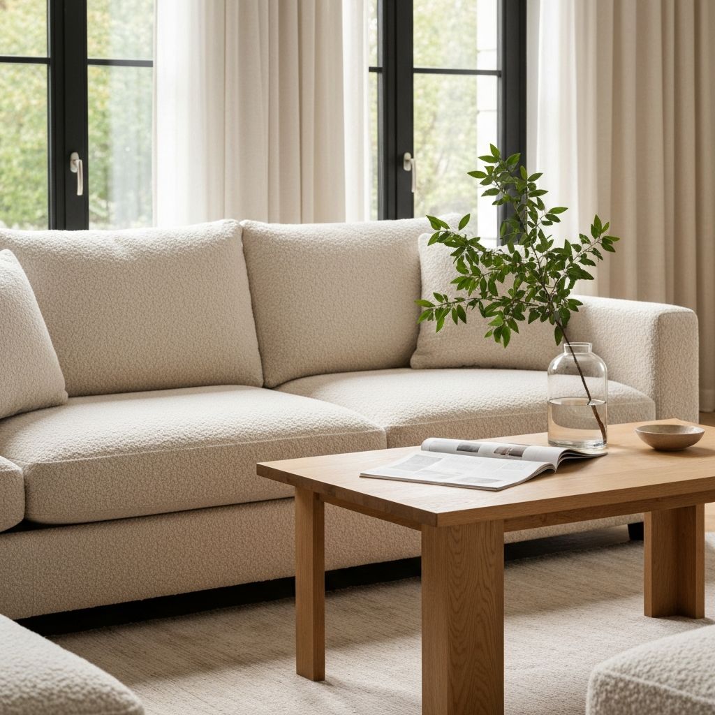 Cream sofa with a light oak coffee table in a bright living room