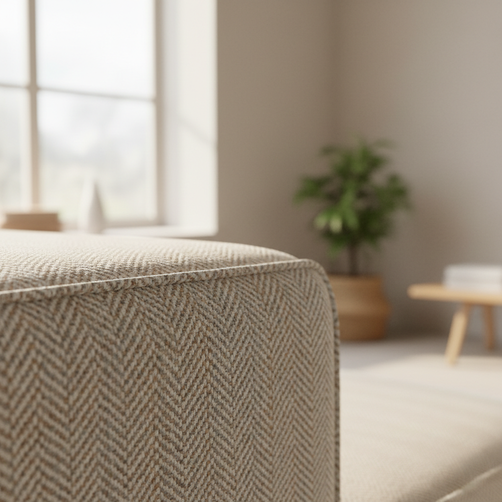 close-up van hoogwaardige bankbekleding met zichtbare textuur en vakmanschap