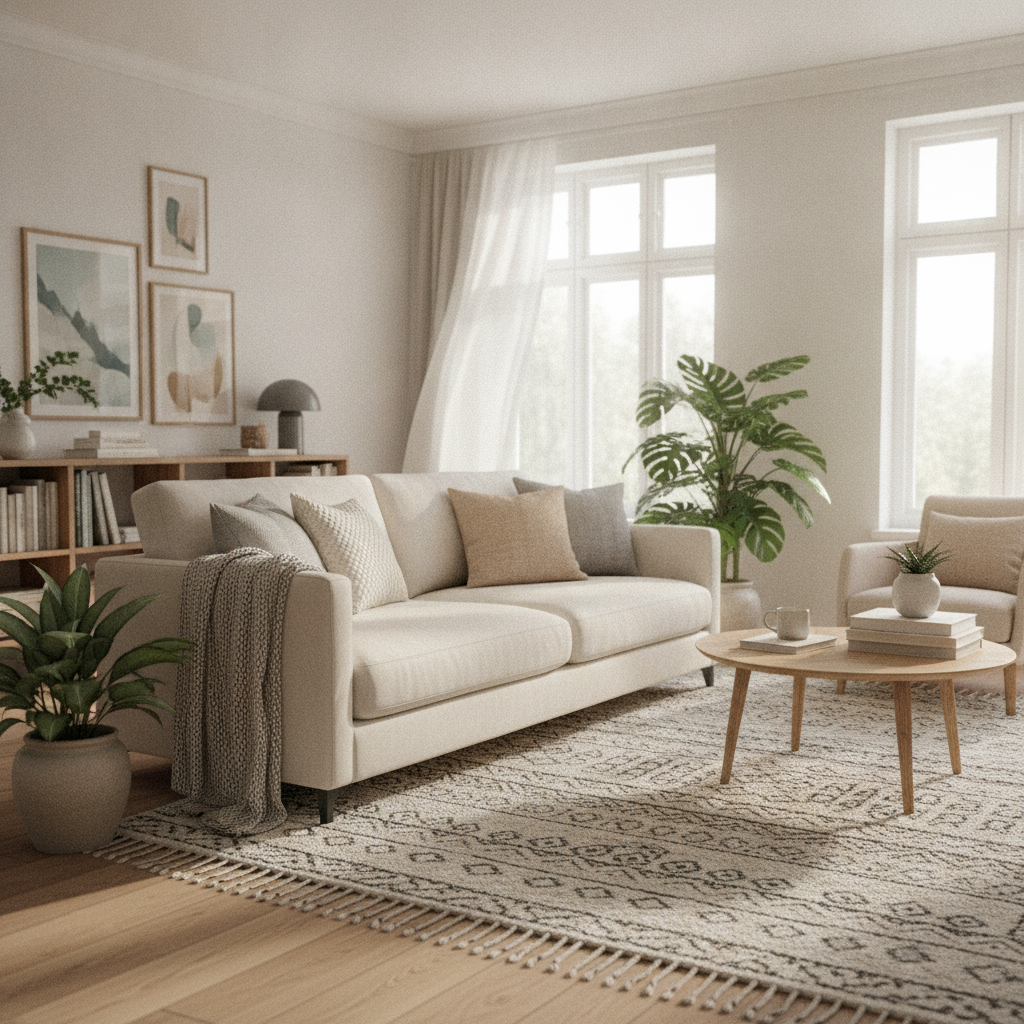 moderne woonkamer met comfortabele bank als centraal meubelstuk in natuurlijk licht