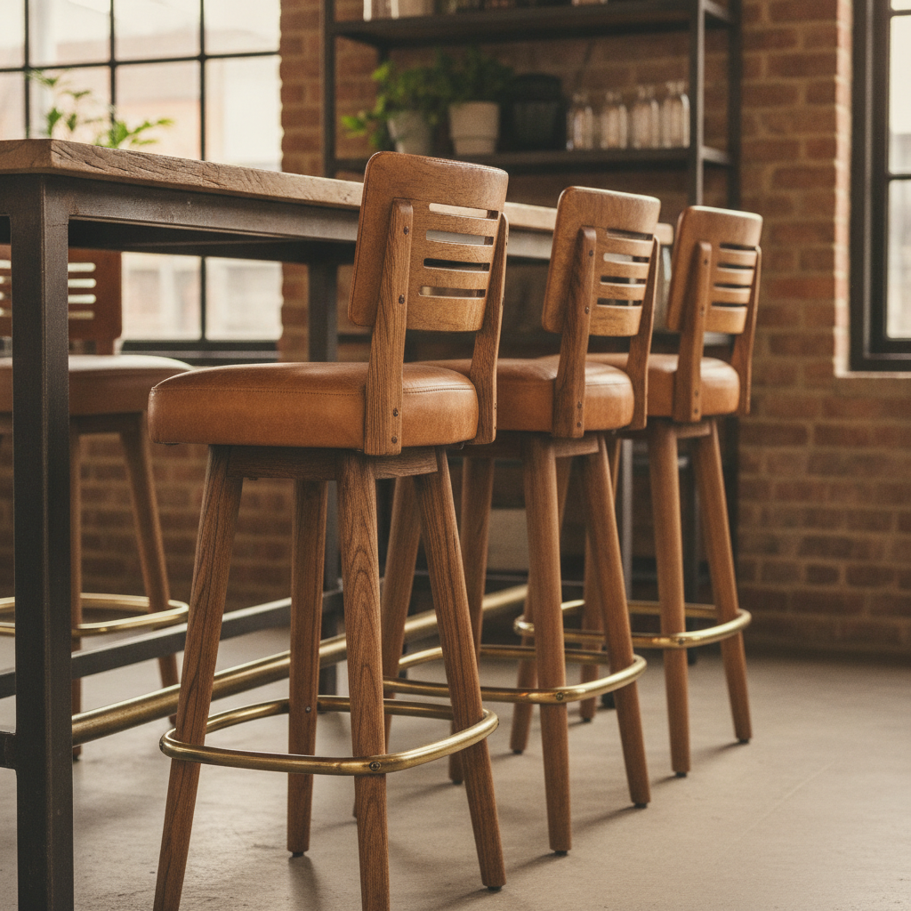 houten barkrukken met leren zitting aan industriële bartafel