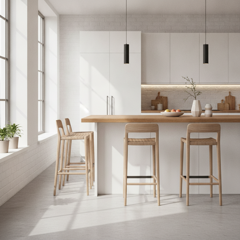 moderne barkrukken aan keukeneiland met natuurlijk licht