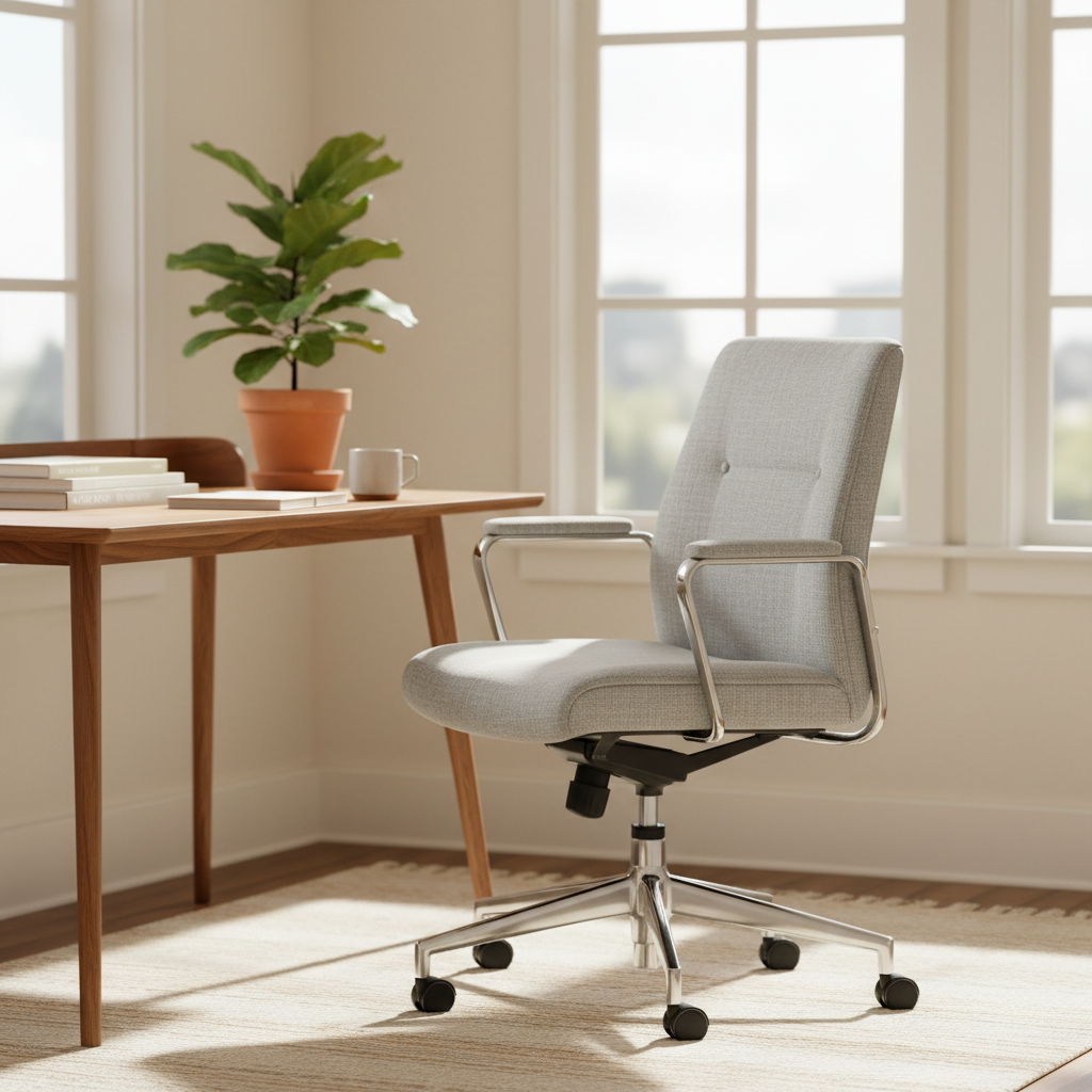 Moderne ergonomische bureaustoel in lichte thuiswerkruimte met natuurlijk daglicht