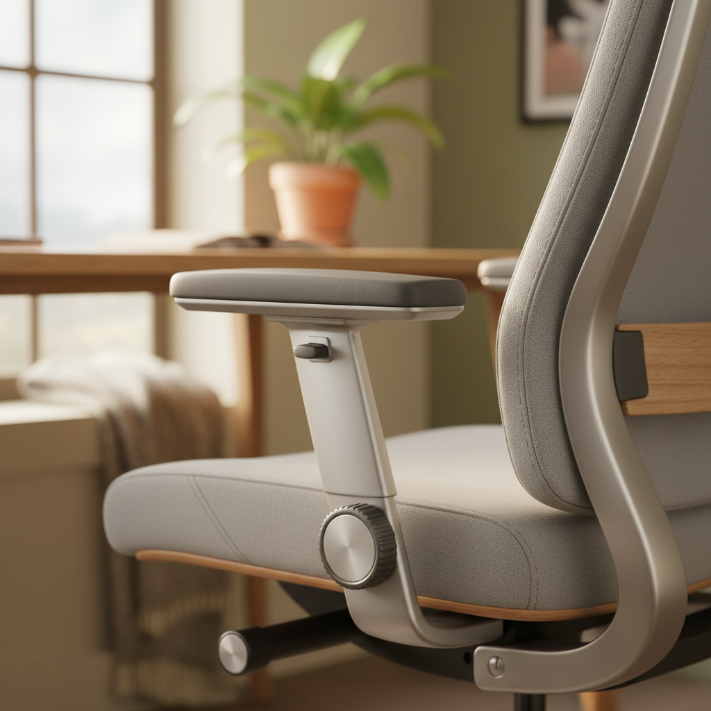 close-up van verstelbare armleuning en lendensteunen op ergonomische bureaustoel in warm daglicht