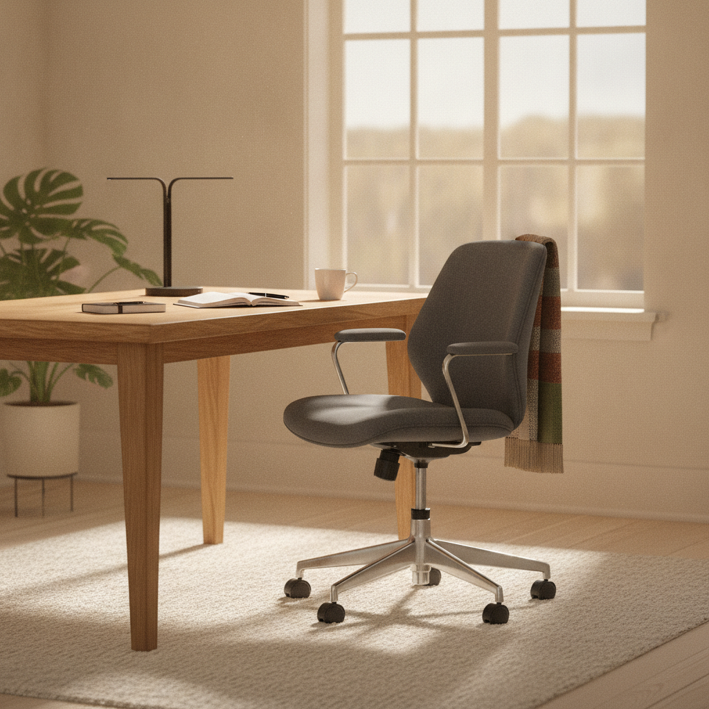 Moderne ergonomische bureaustoel bij houten bureau met natuurlijk licht