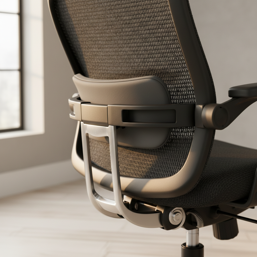 close-up van verstelbare lendensteun en kantelmechanisme op ergonomische bureaustoel