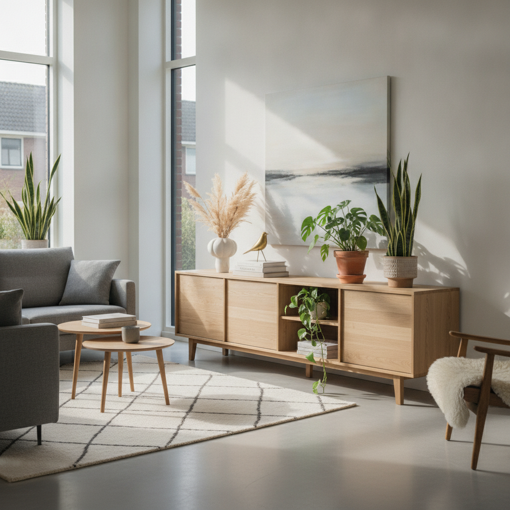 Dressoir met open en gesloten vakken in moderne woonkamer