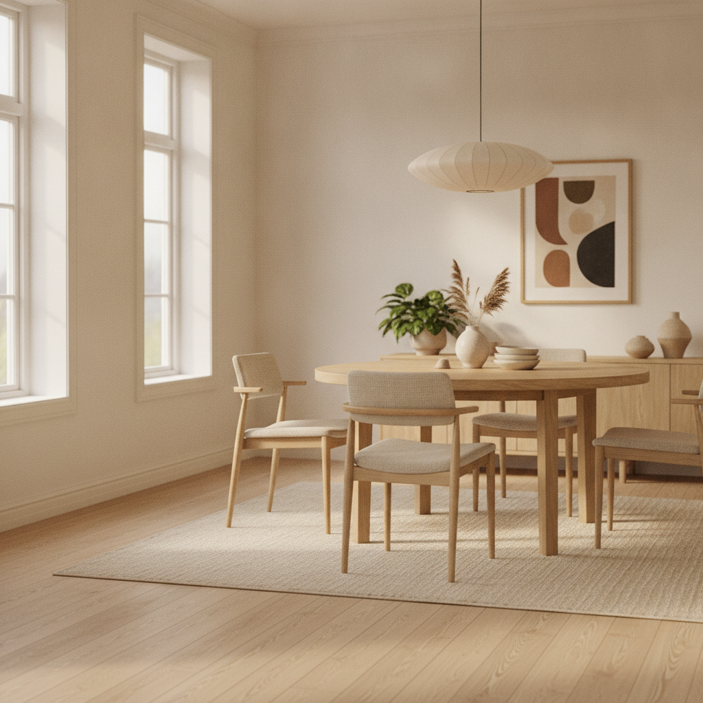 set van vier eetkamerstoelen rond eettafel in lichte eetkamer