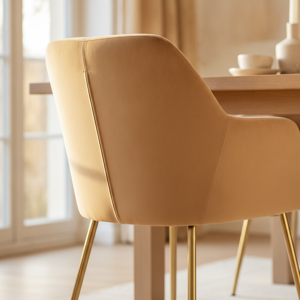 Close-up van fluwelen eetkamerstoel met gouden poten in natuurlijk licht