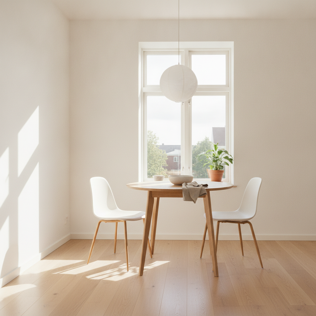 Ronde eettafel in lichte, compacte eetkamer met natuurlijk daglicht