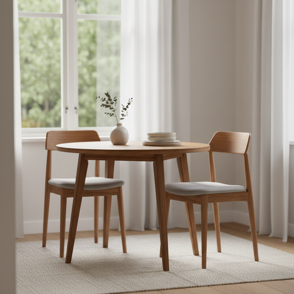 Lichte eetkamer met compacte ronde eettafel en ranke stoelen bij raam