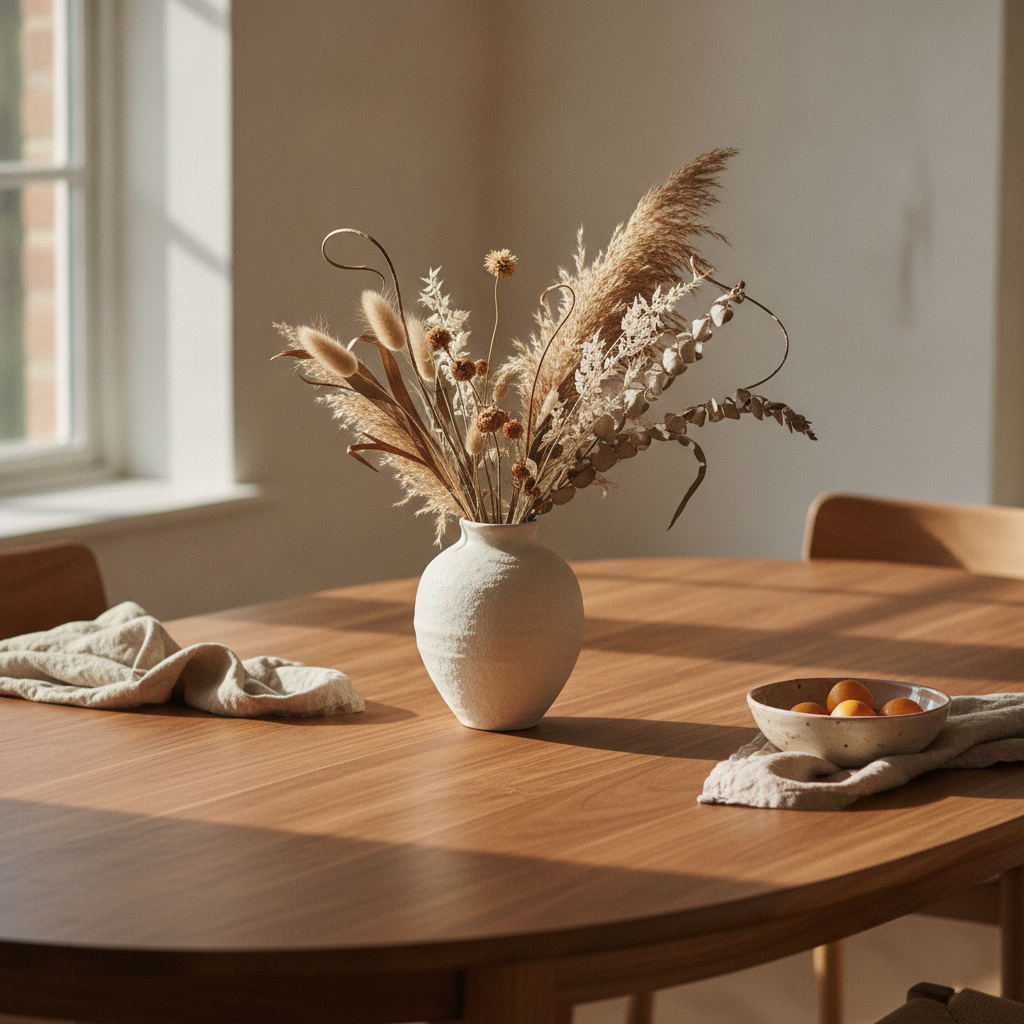 Close-up van ovale mangohout eettafel met keramische vaas en natuurlijk licht