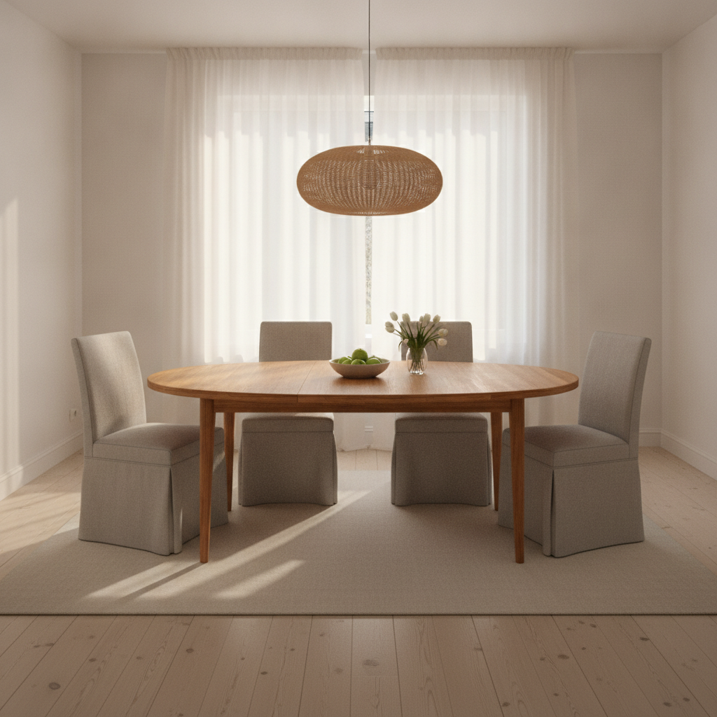 ovale mangohout eettafel in lichte eetkamer met ruimte rondom voor stoelen