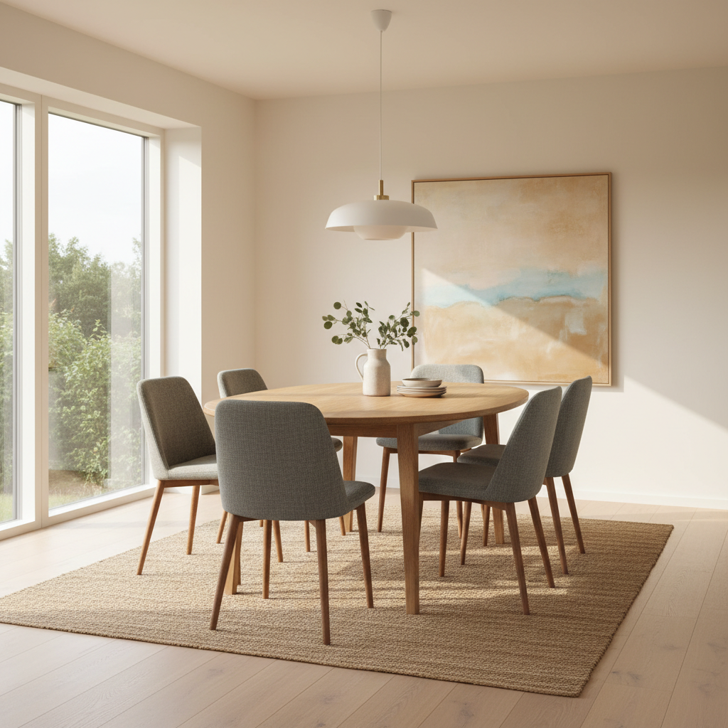 moderne eetkamer met ovale houten eettafel en stoelen in natuurlijk daglicht