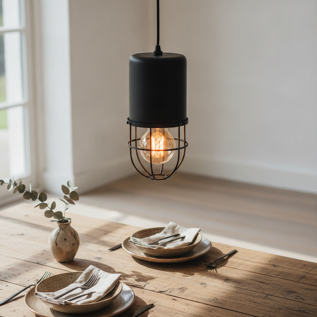 Close-up van industriële zwarte hanglamp boven houten eettafel met gedekte borden