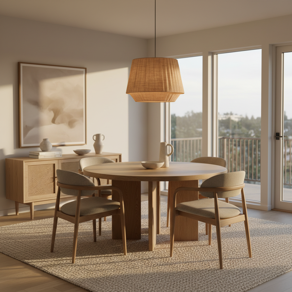 Moderne hanglamp boven ronde eettafel in warme eetkamer met avondlicht