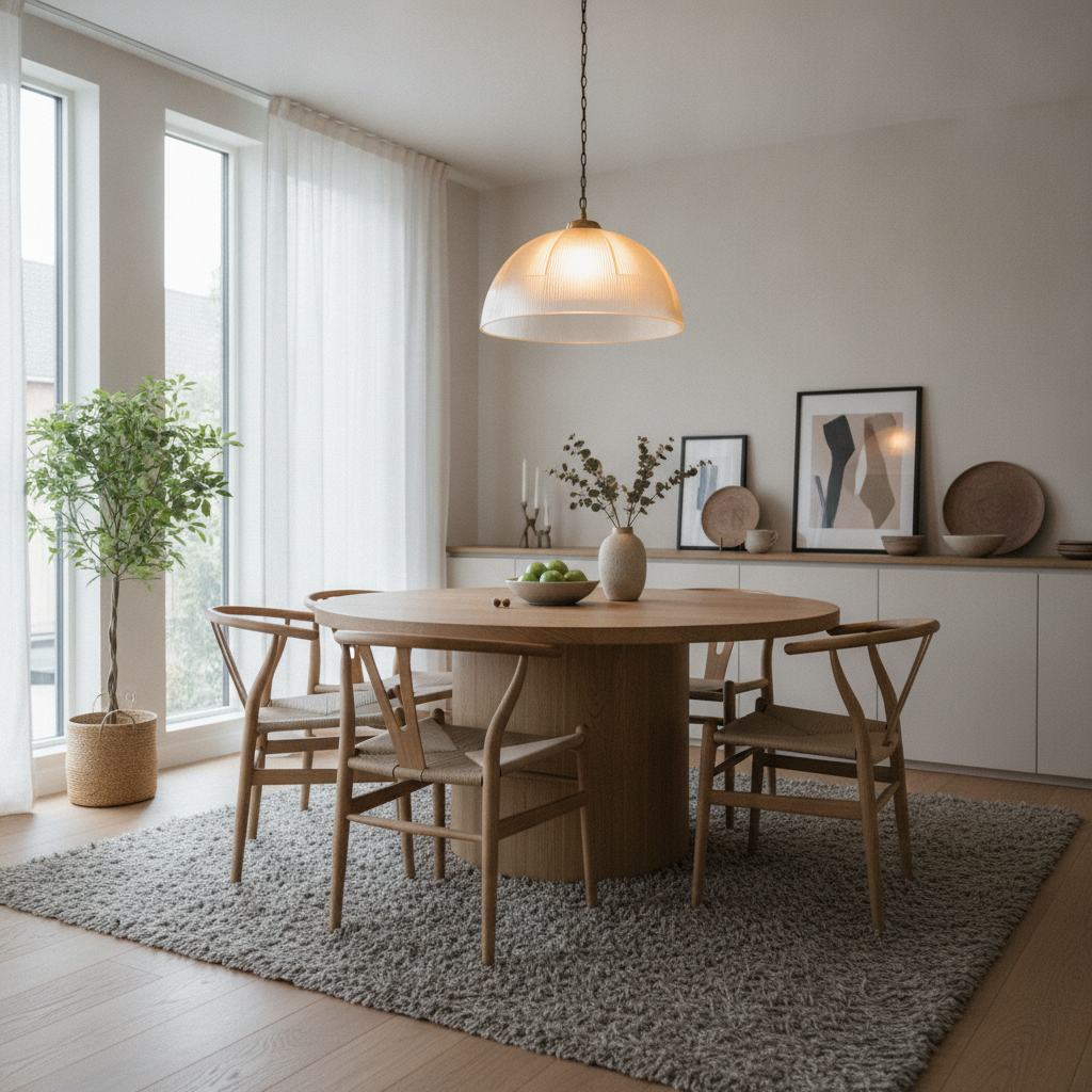 Moderne hanglamp boven een houten eettafel in warme eetkamer met natuurlijk licht