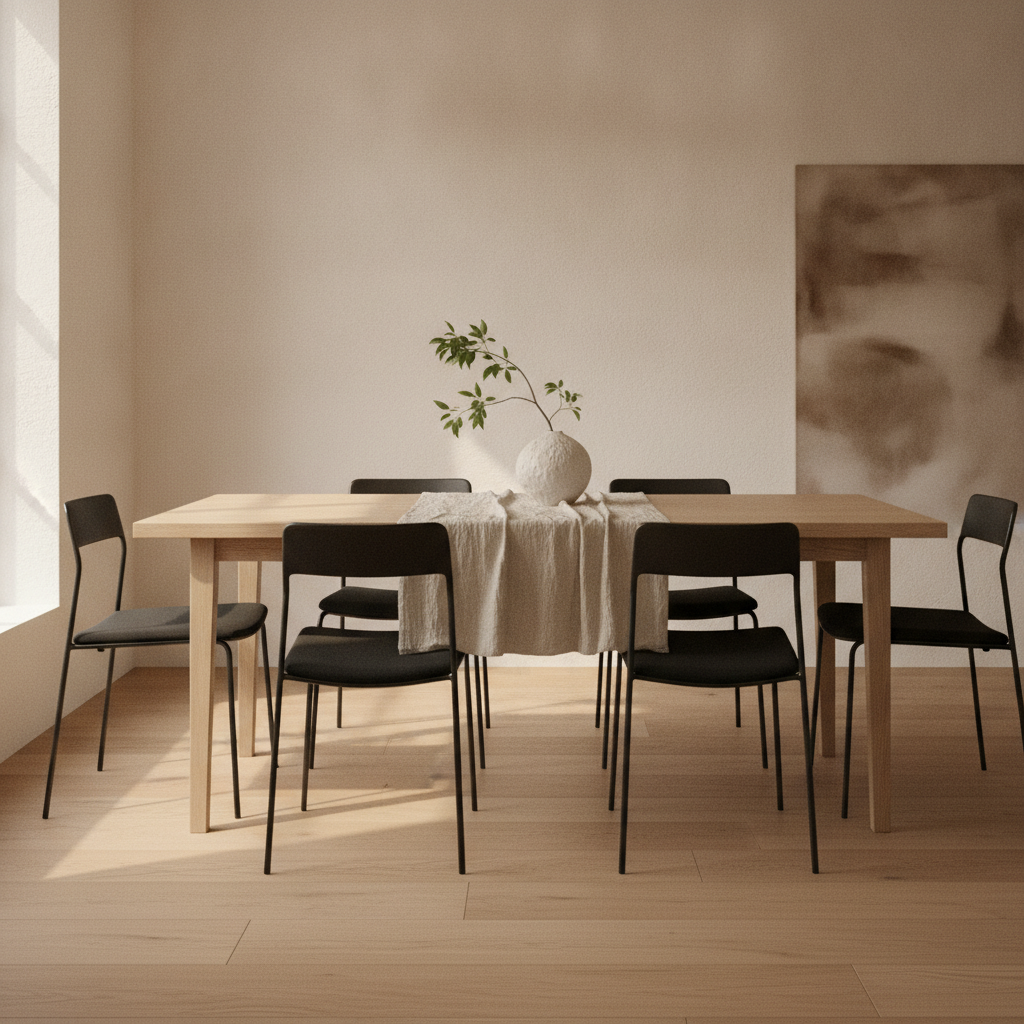 Eettafel in Japandi-stijl met licht hout en strakke lijnen, omringd door minimalistische stoelen