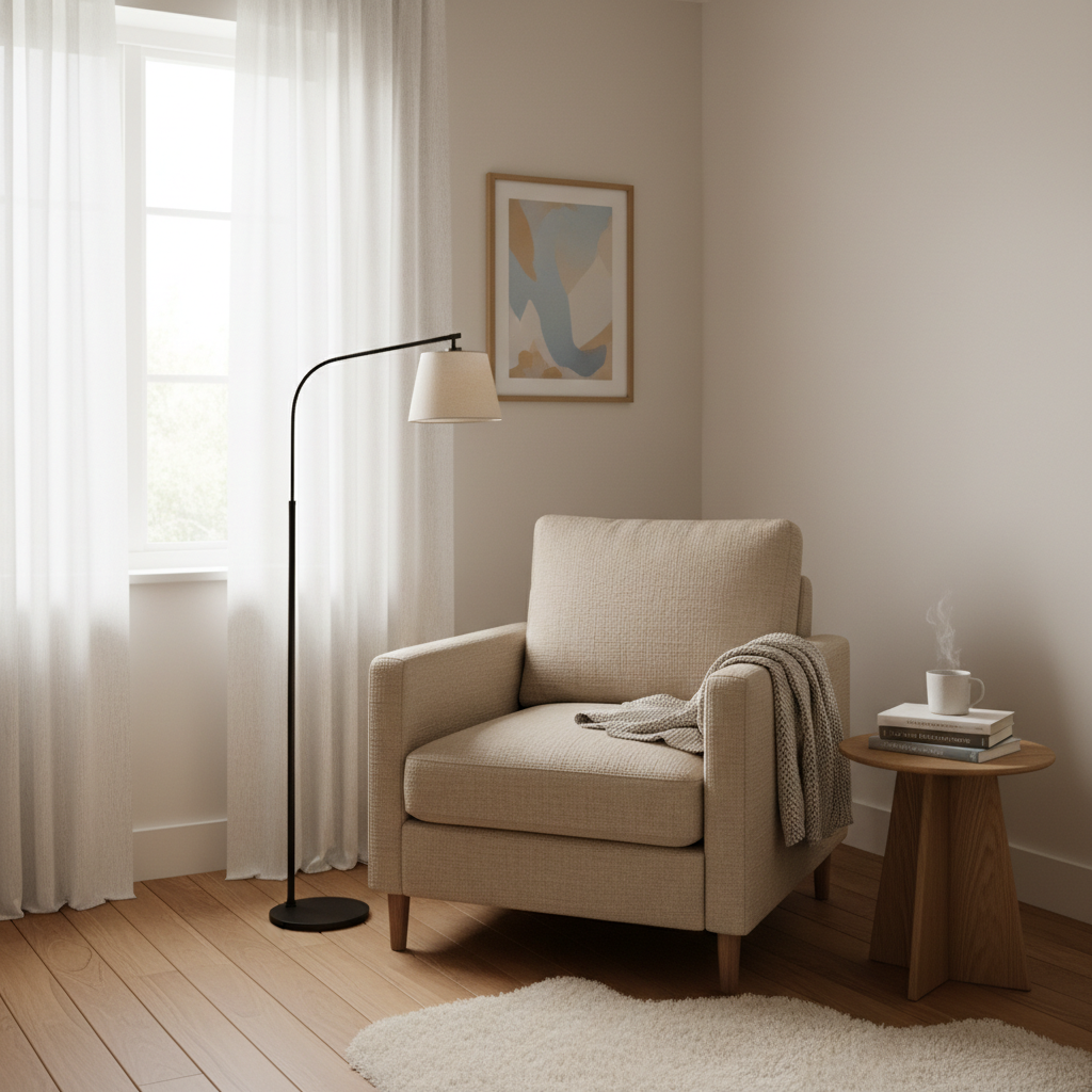 Compacte fauteuil in hoek van moderne slaapkamer met leeslamp