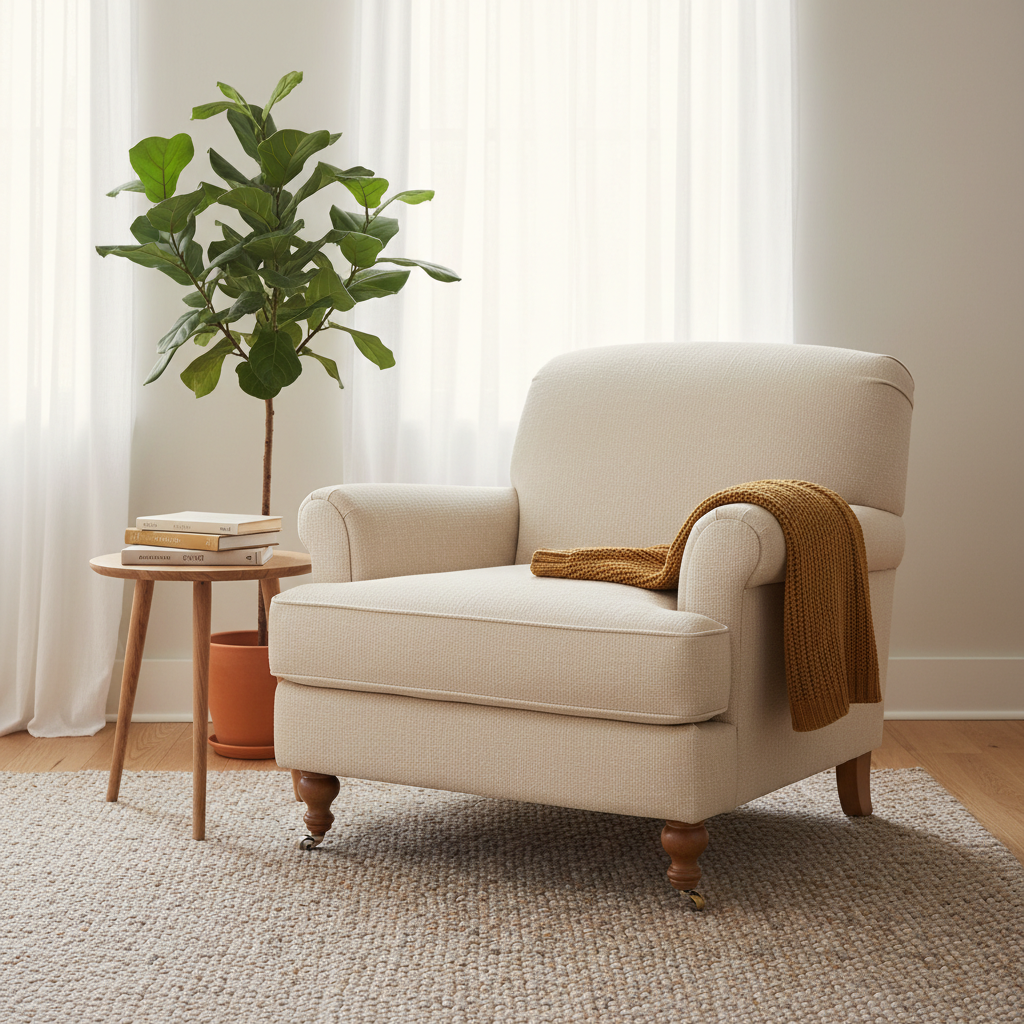 Moderne fauteuil met armleuning in lichte woonkamer met natuurlijk licht