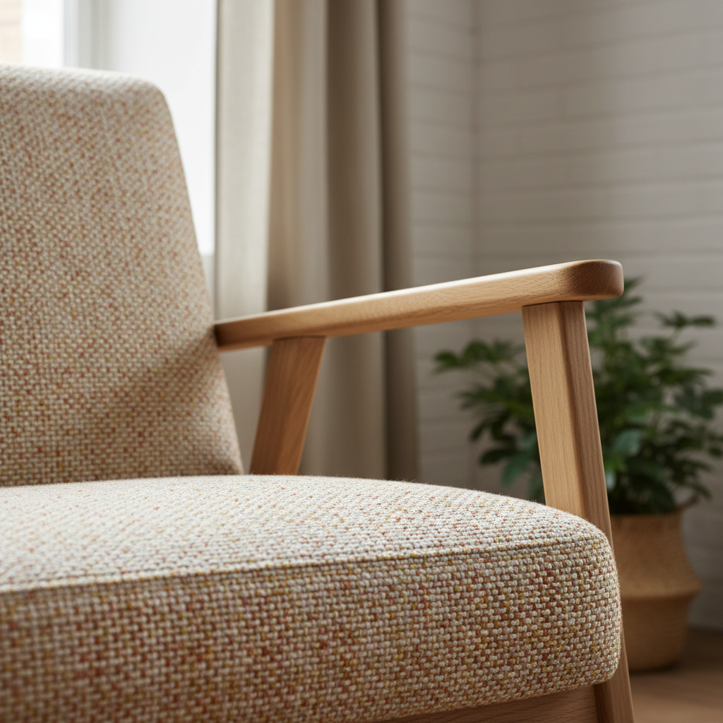 Close-up van zachte stoffen bekleding en armleuning van een fauteuil