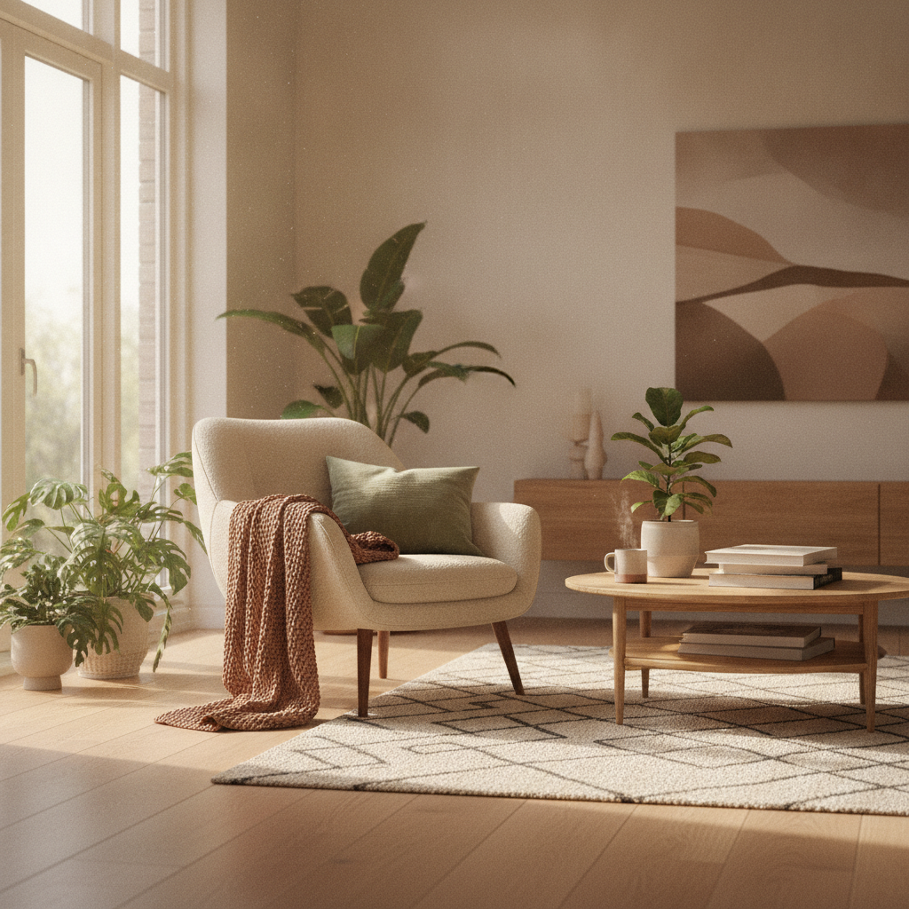 Moderne fauteuil in warme woonkamer met natuurlijk licht