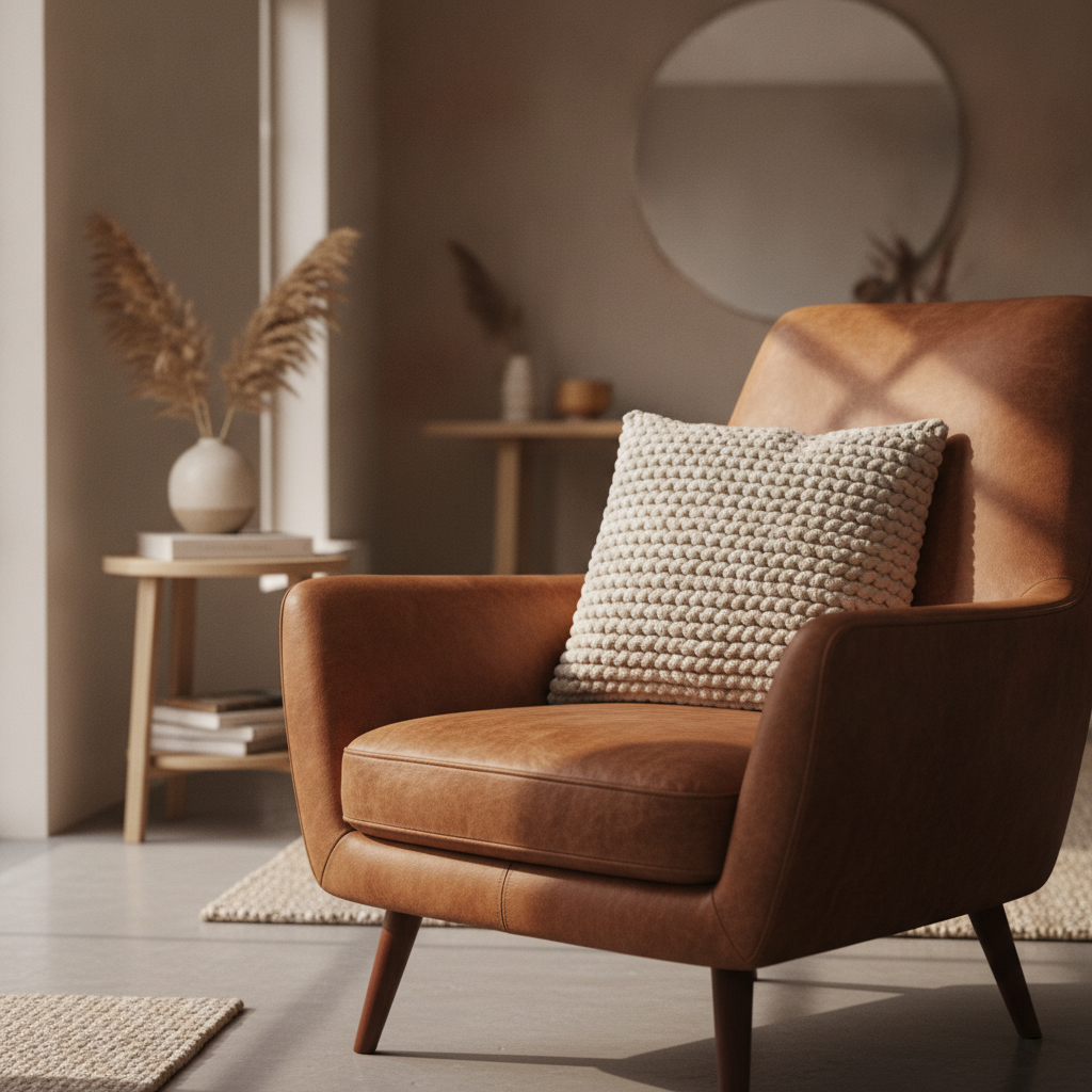 close-up van leren fauteuil met kussen in lichte woonkamer
