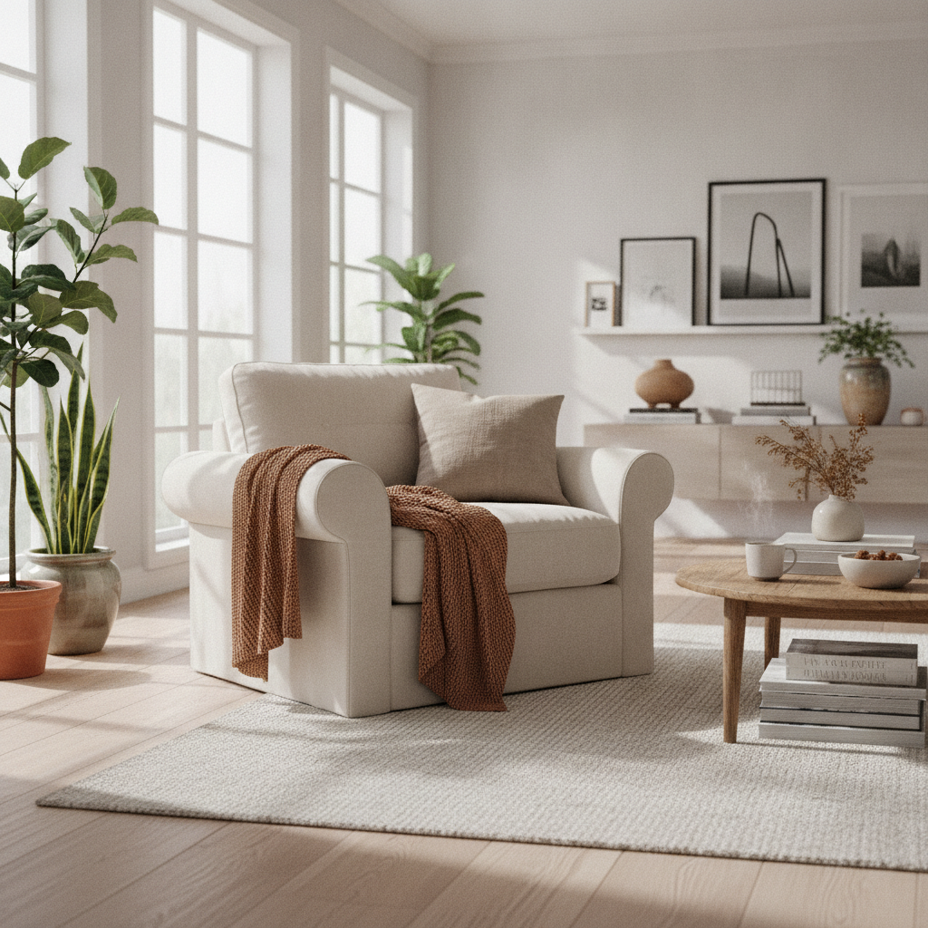 moderne fauteuil in warme woonkamer met natuurlijk licht