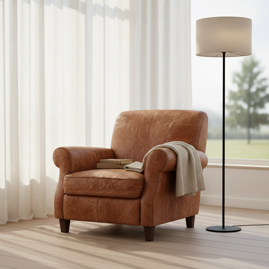 Vintage kuipfauteuil in leer naast raam met leeslamp