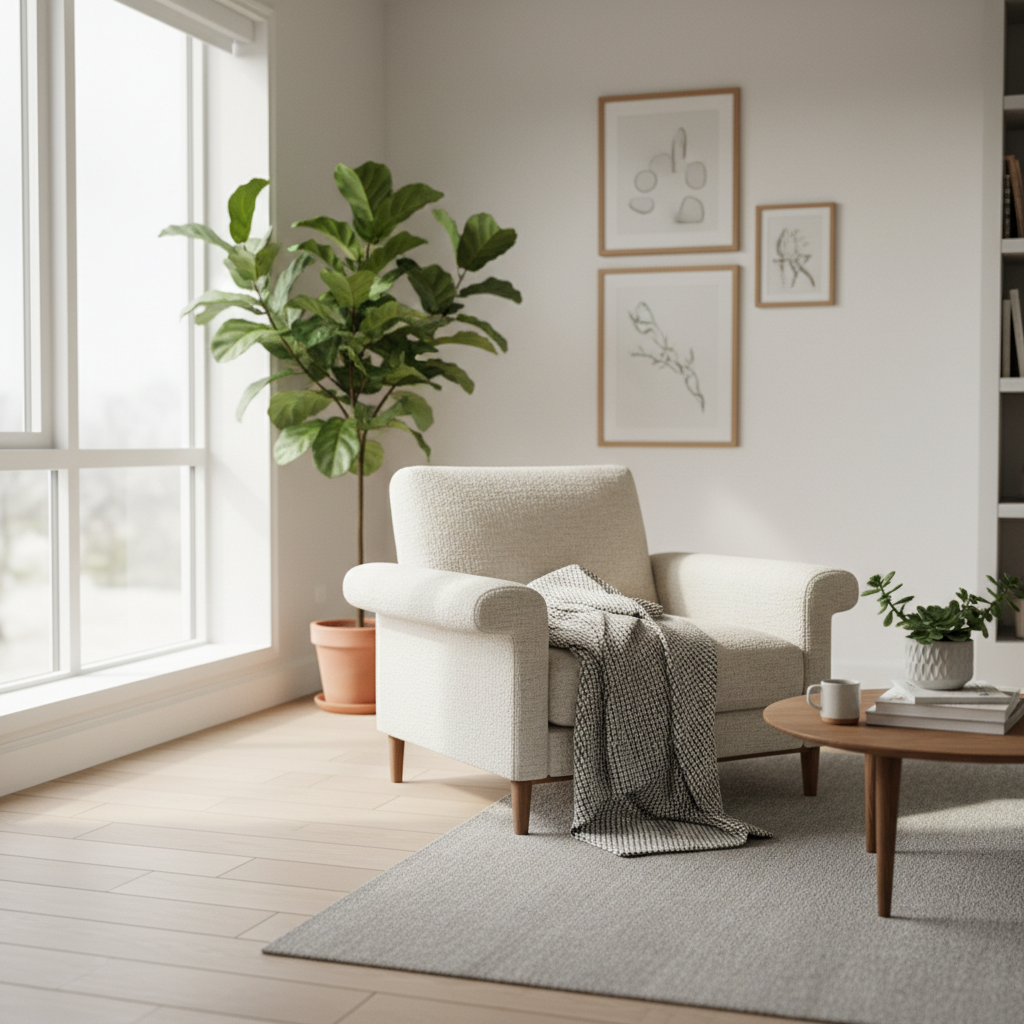 Moderne fauteuil in warme woonkamer met natuurlijk licht en planten