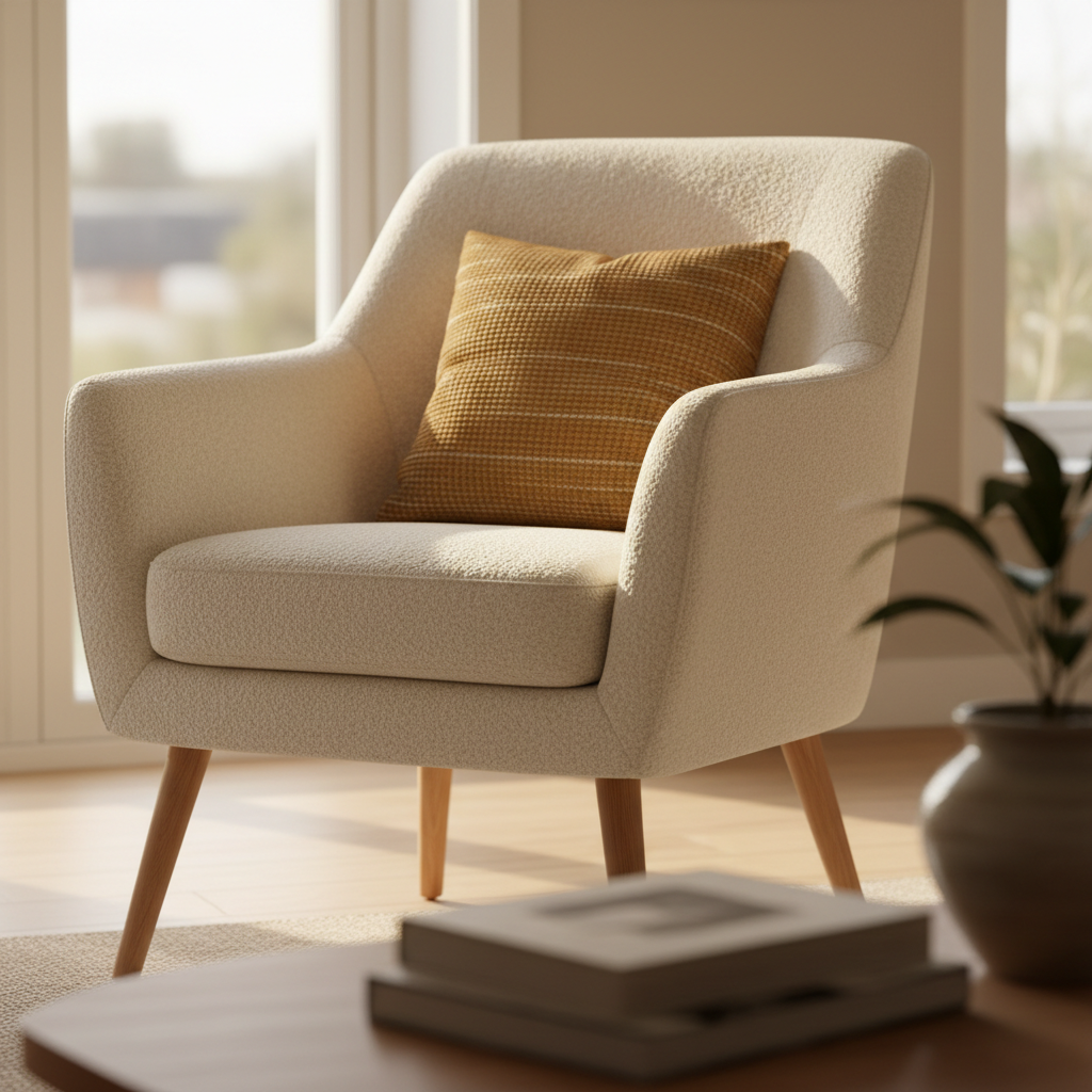 Close-up van moderne fauteuil in bouclé stof met houten poten en kussen