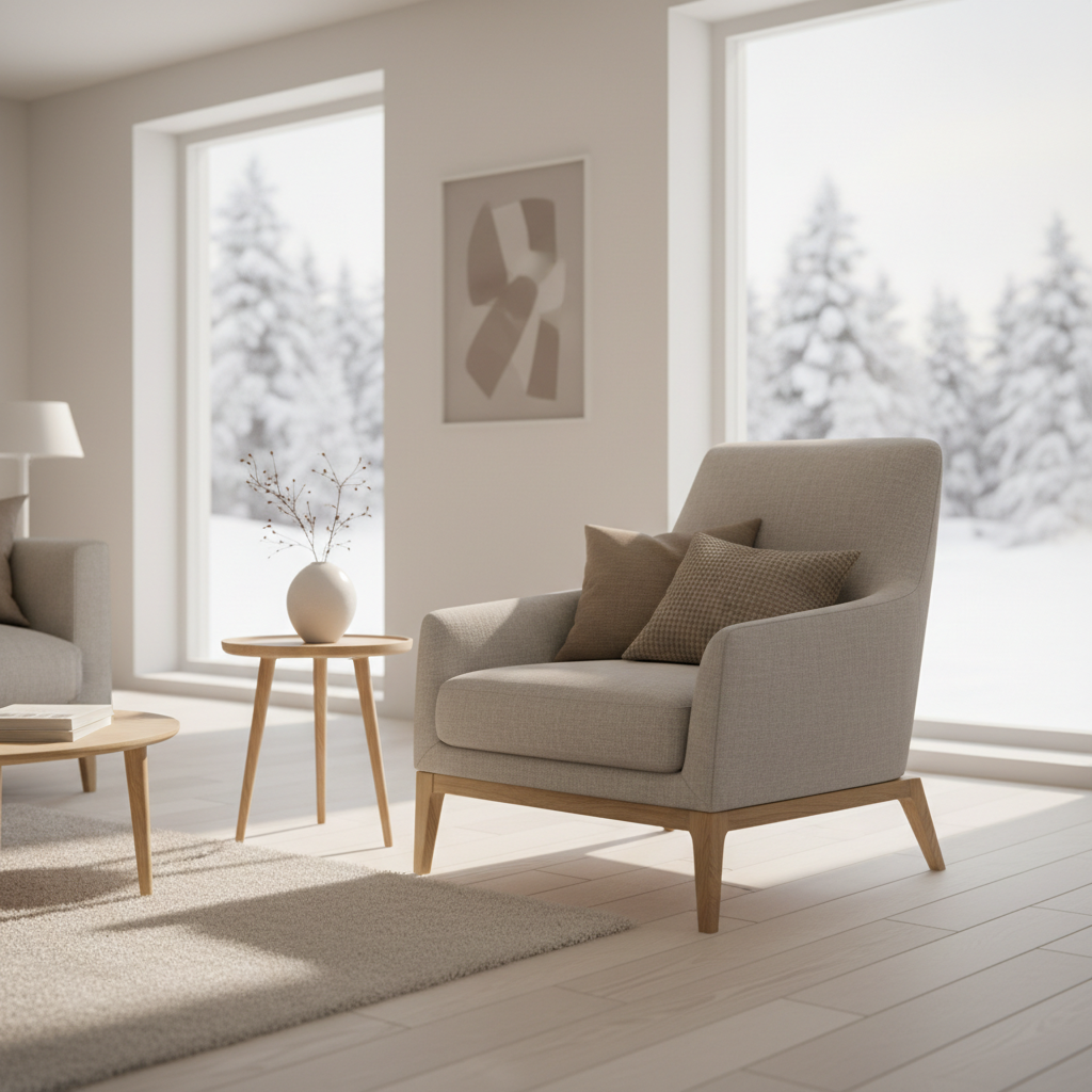 Moderne fauteuil met strakke lijnen in lichte woonkamer met natuurlijk licht
