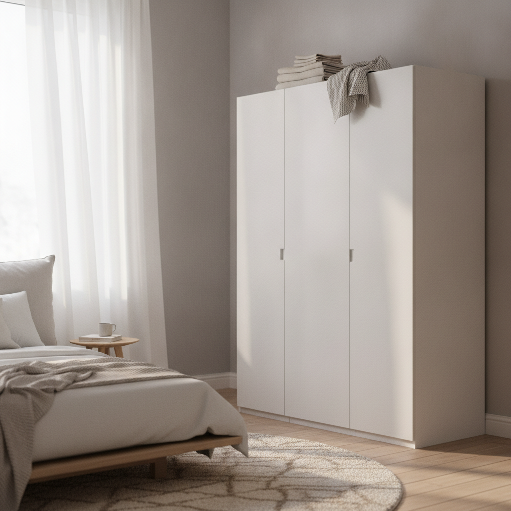 Lichte slaapkamer met moderne kledingkast, natuurlijk daglicht, opgeruimd en rustig