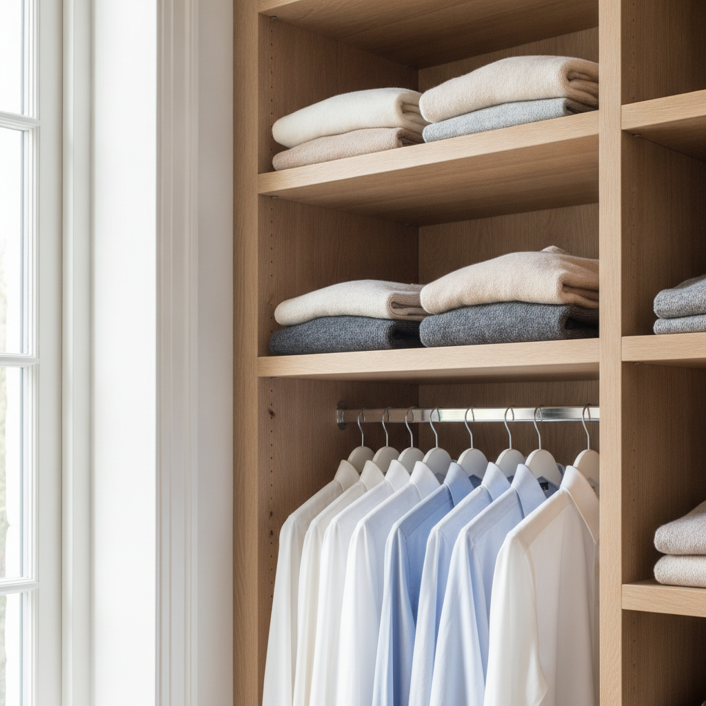 close-up van kledingkast interieur met hangstang, legplanken en gevouwen truien in neutrale kleuren