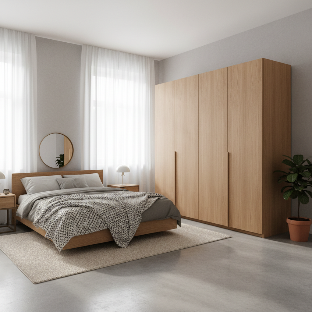 moderne slaapkamer met stijlvolle kledingkast in natuurlijk daglicht