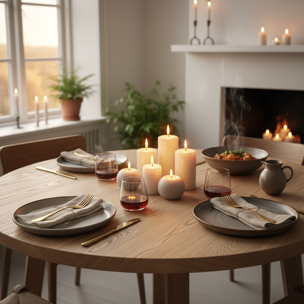 Close-up van ronde eettafel met gedekte borden en kaarslicht, warme avondsfeer
