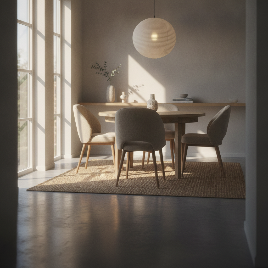 Gezellige eetkamer met ronde houten eettafel, vier stoelen en warm daglicht