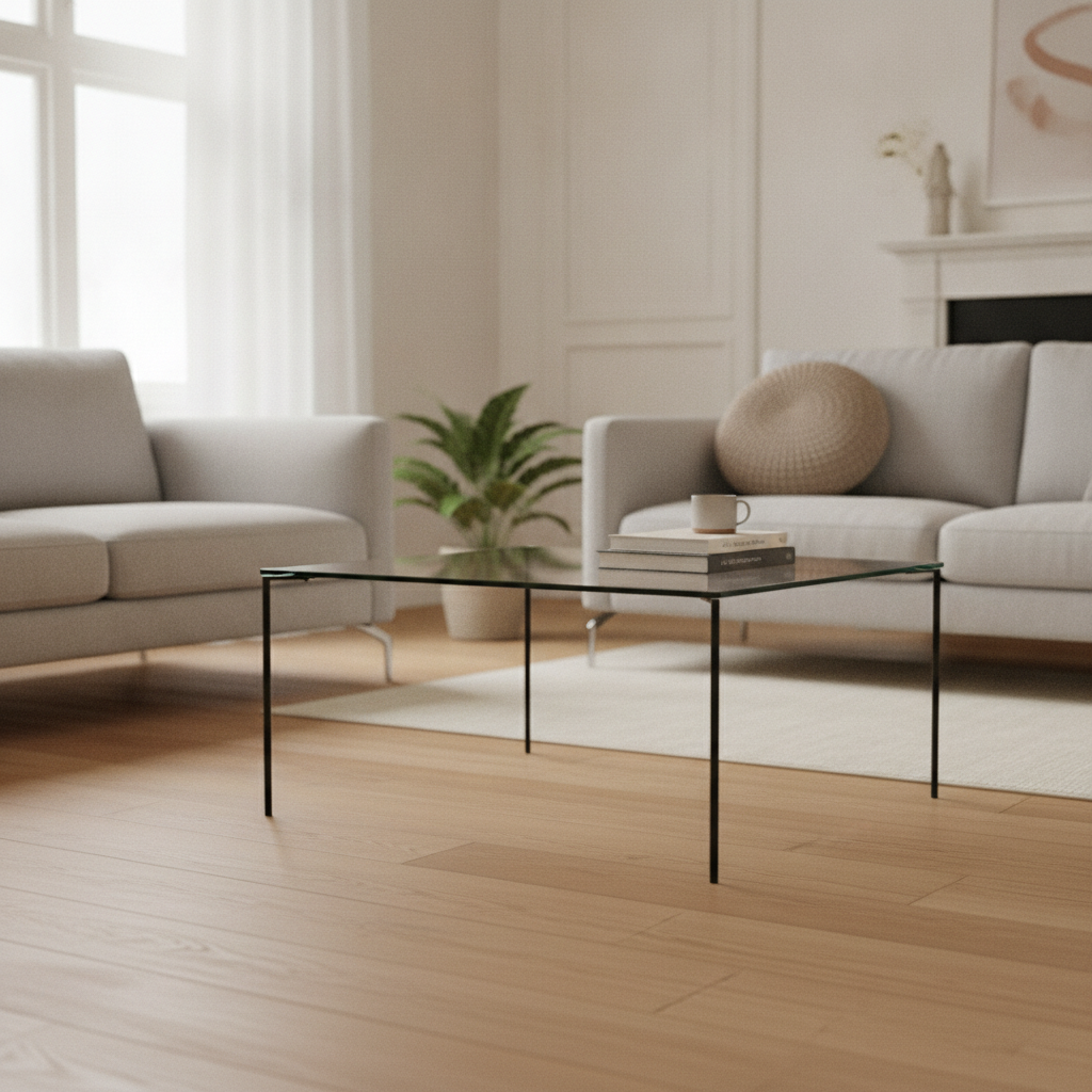 Glazen salontafel met metalen frame in lichte woonkamer met houten vloer