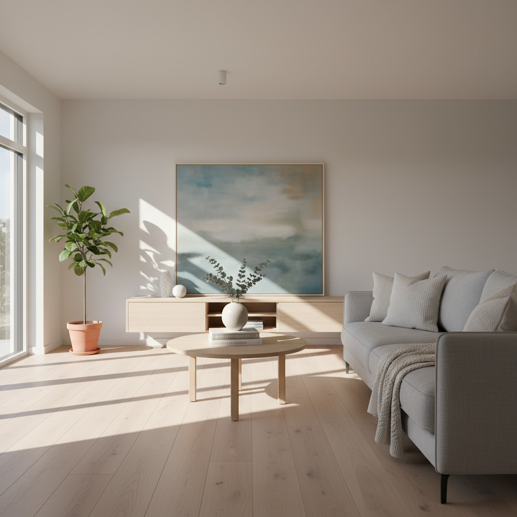 Lichte woonkamer met compacte ronde salontafel en bank, natuurlijk daglicht