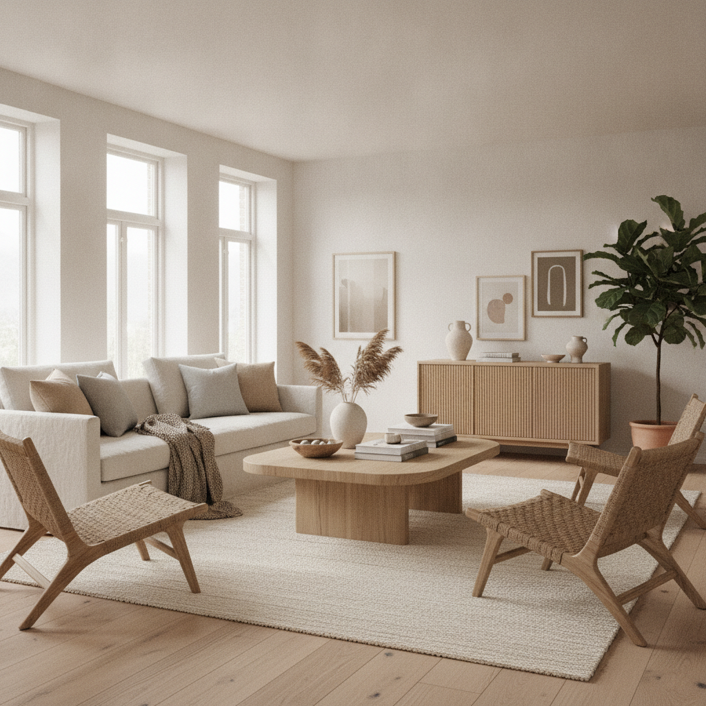 moderne woonkamer met stijlvolle salontafel tussen bank en fauteuils