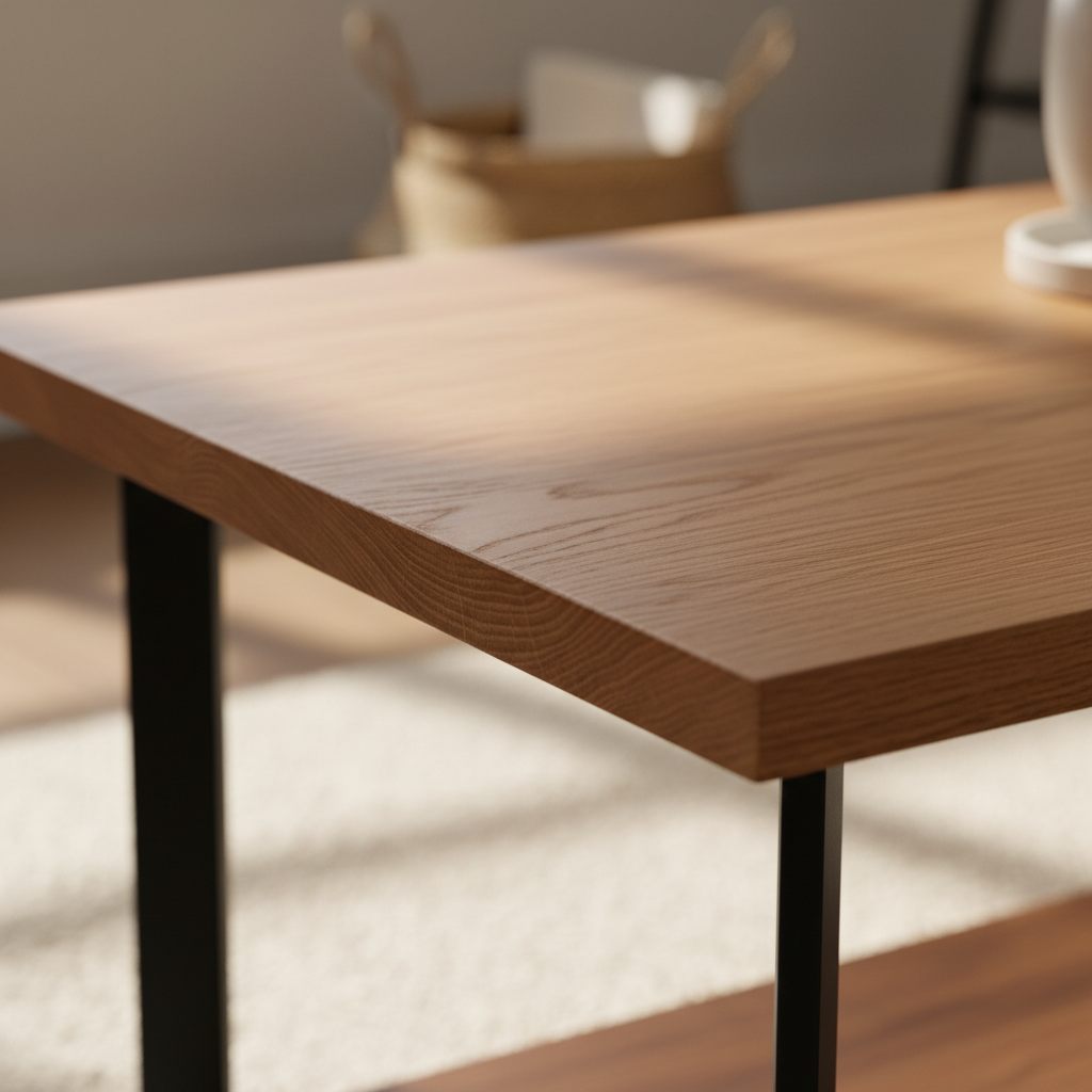close-up salontafel met houten blad en metalen onderstel