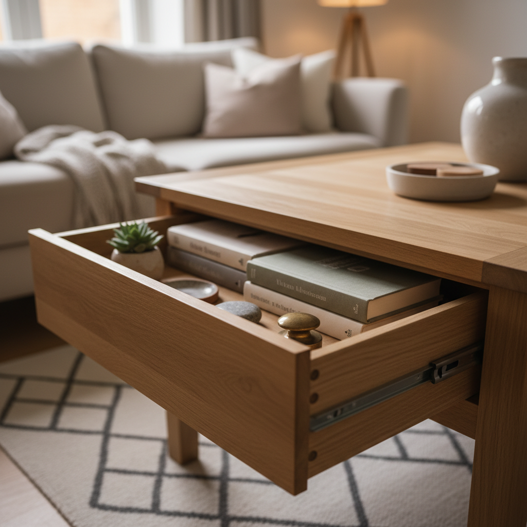 Close-up van houten salontafel met open lade vol boeken en decoratie, warme woonkamersfeer