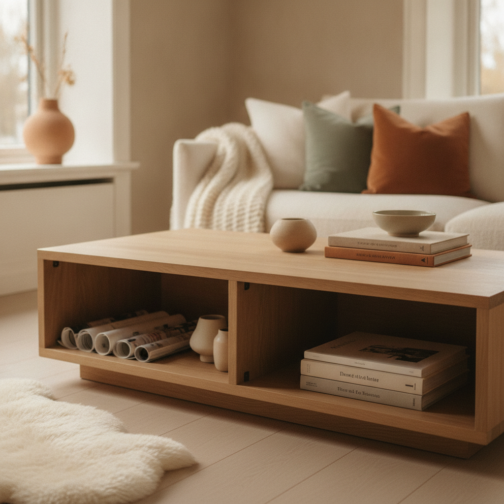 Moderne woonkamer met houten salontafel met opbergruimte, open lades met tijdschriften en decoratie