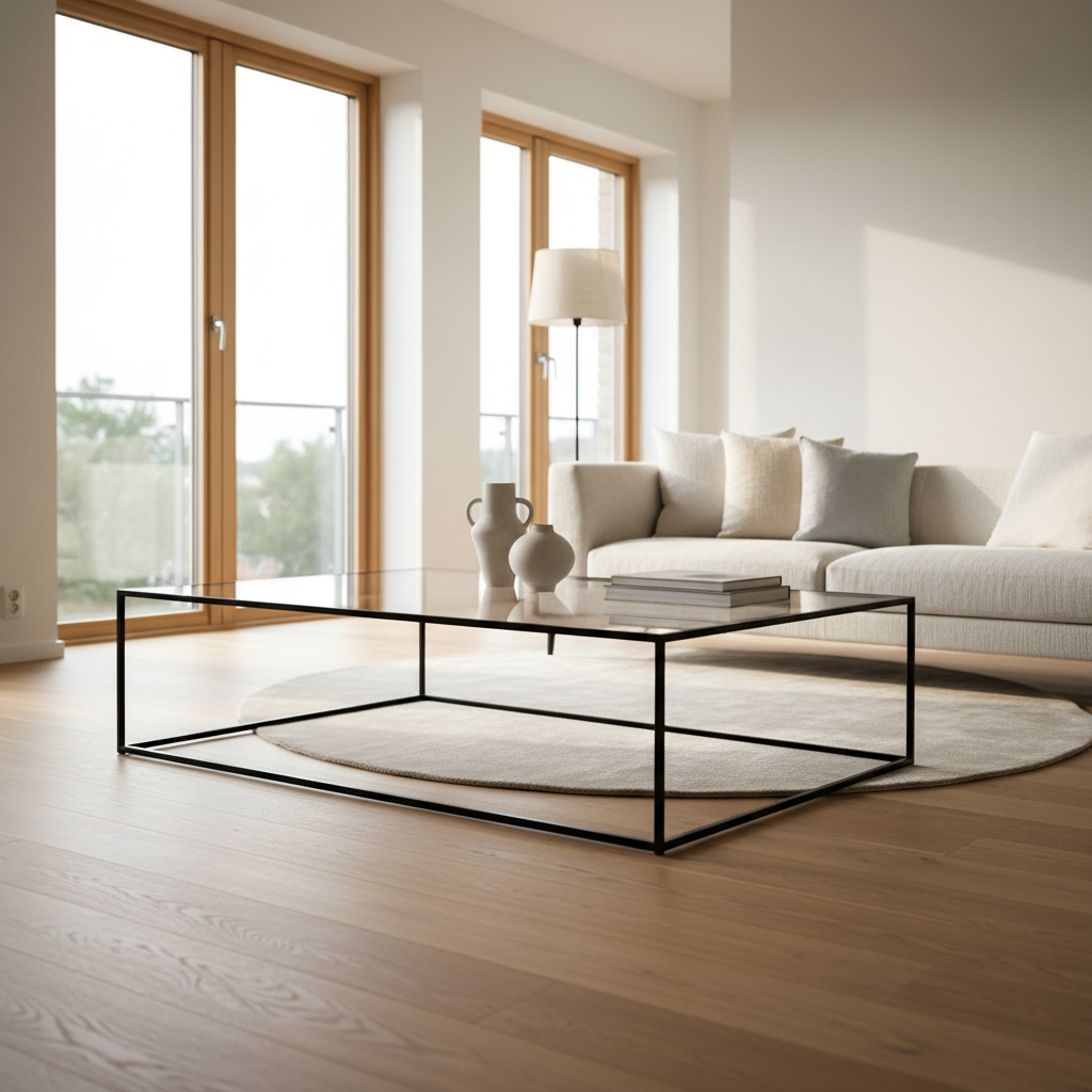 Moderne salontafel met glazen blad en strakke metalen poten in lichte woonkamer met design bank