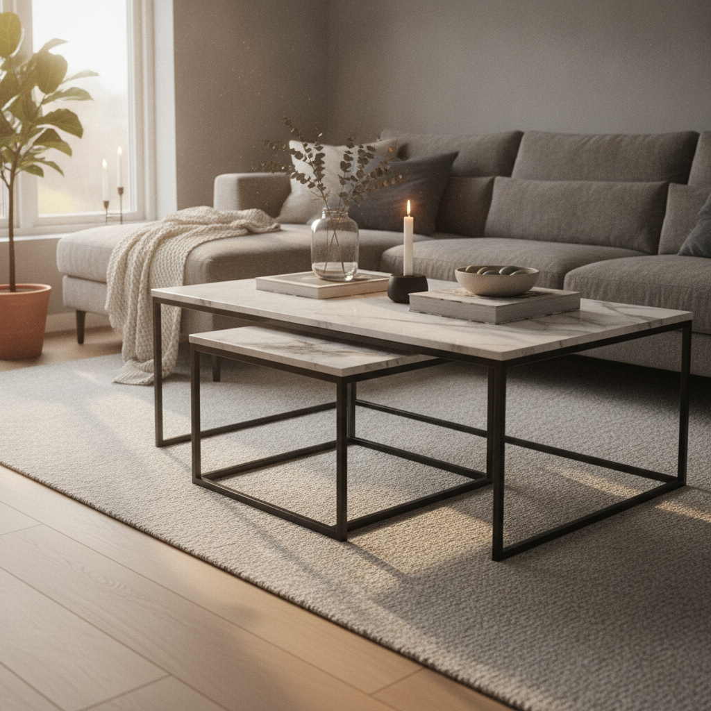 Set van twee moderne salontafels in verschillende hoogtes met marmerlook blad