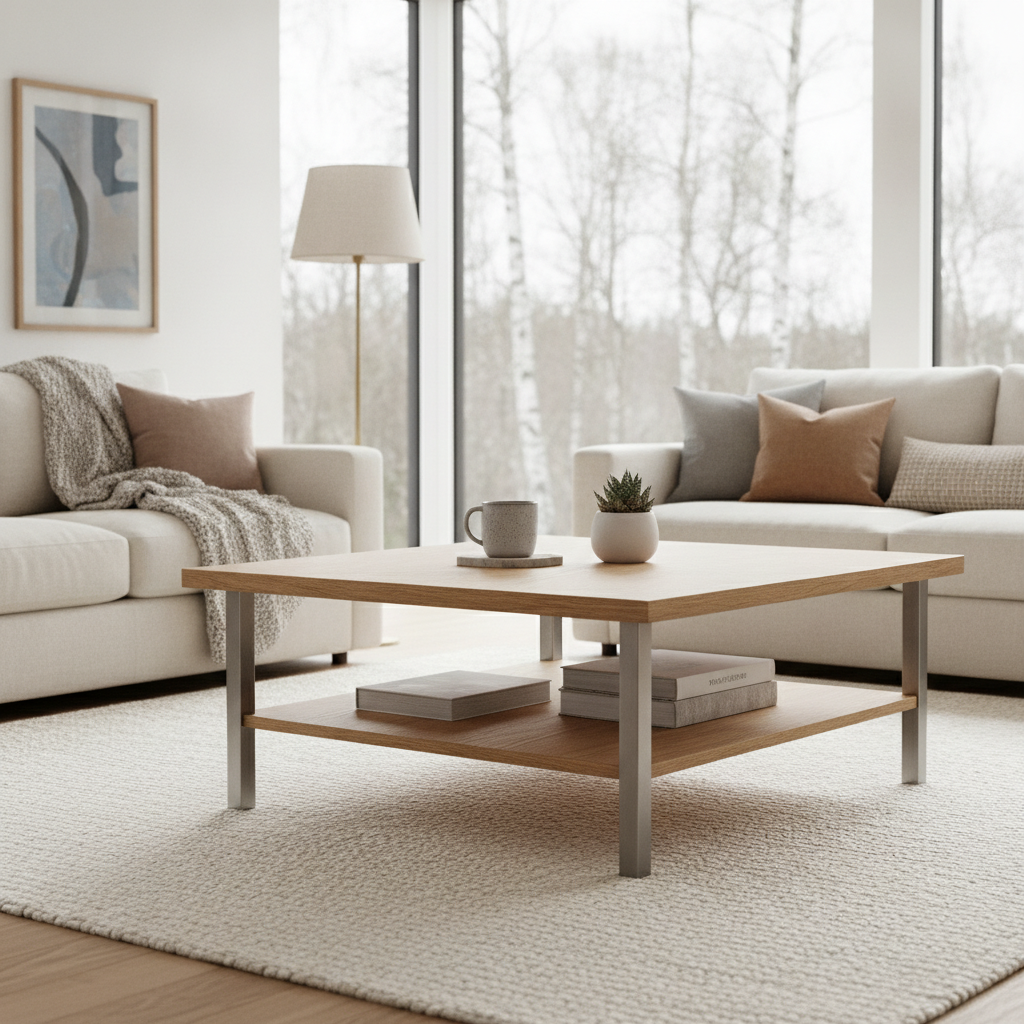 Moderne salontafel met strakke lijnen en natuurlijk licht in eigentijds interieur