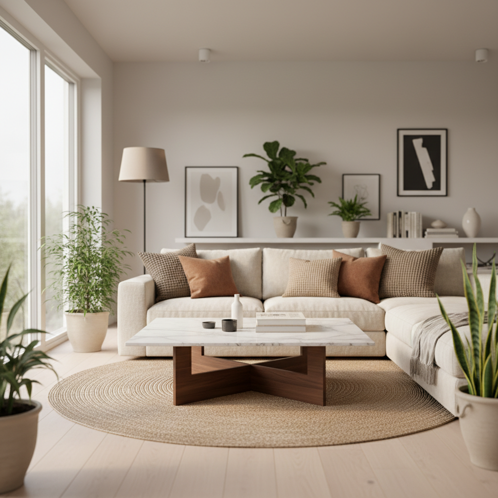 Moderne salontafel met strakke lijnen en natuurlijke materialen in lichte woonkamer