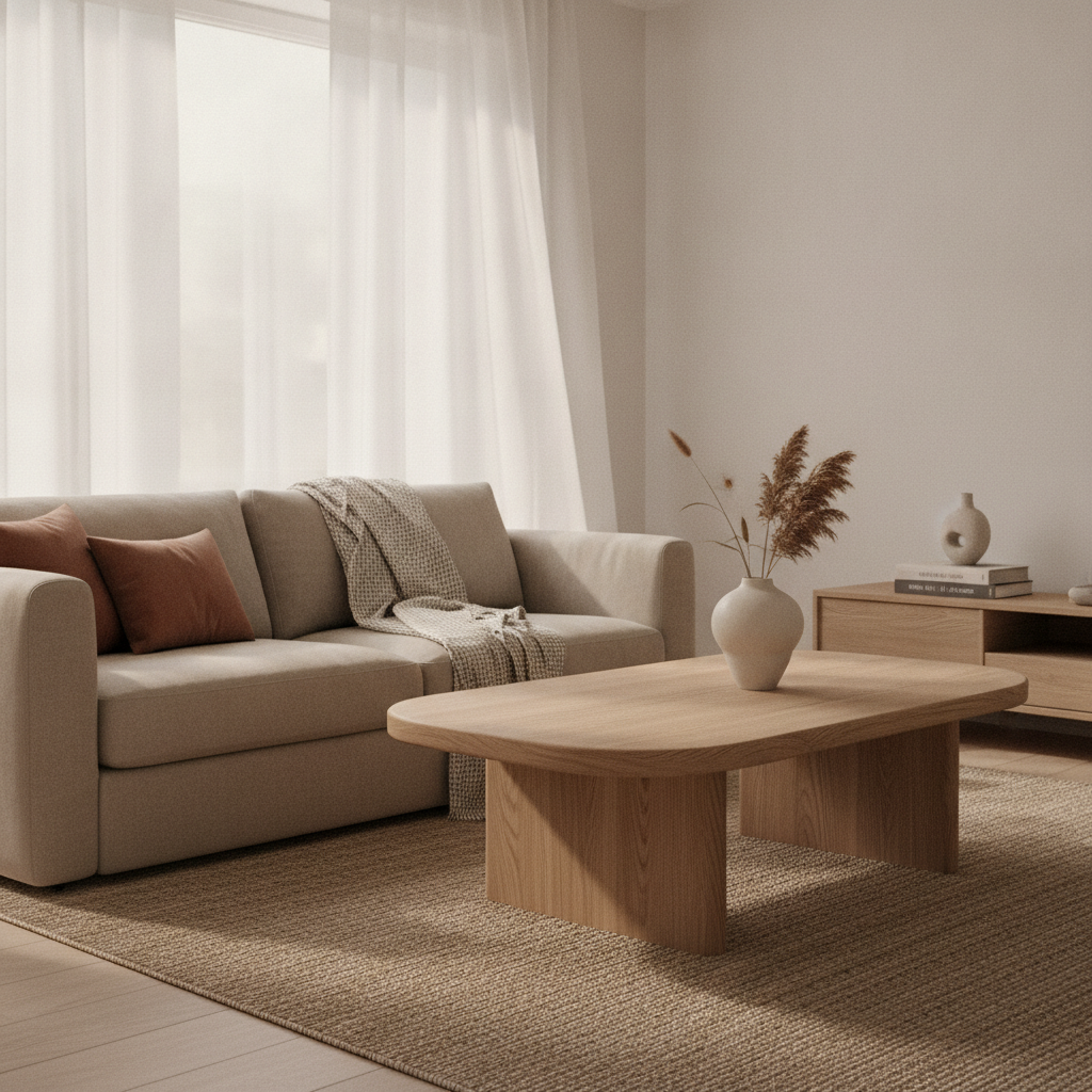 moderne woonkamer met organische salontafel in natuurlijk hout en zachte ronde vormen