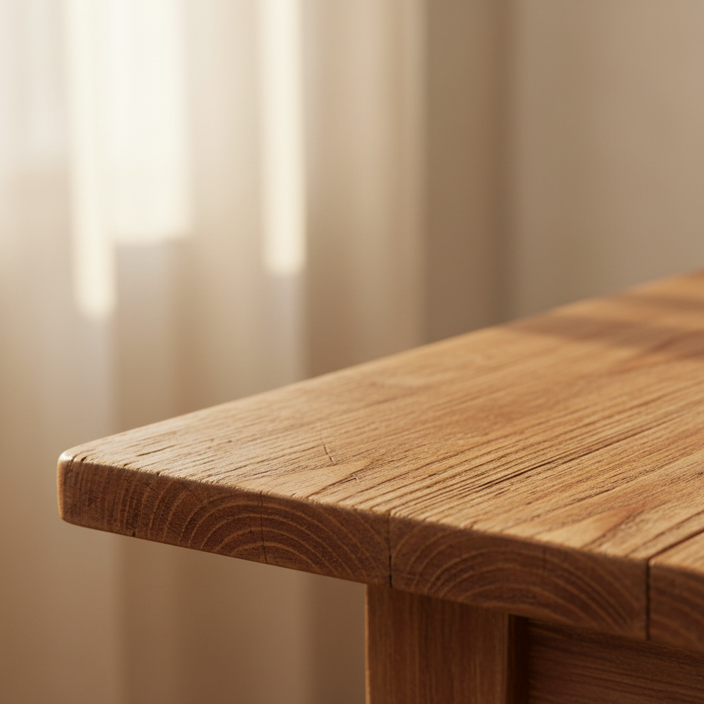 Close-up van houten tafelblad met natuurlijke textuur en vintage details