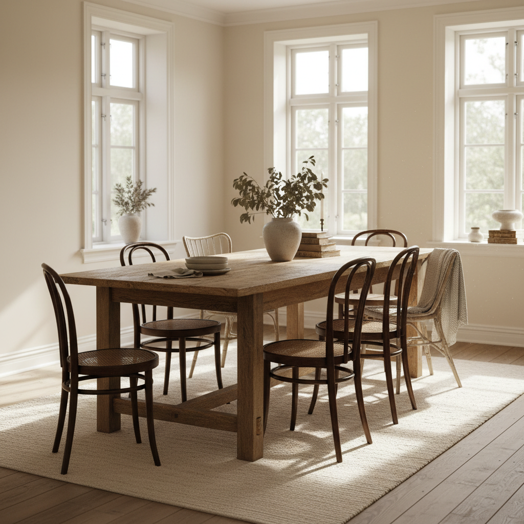 Gezellige eetkamer met karaktervolle houten eettafel en vintage stoelen in natuurlijk licht