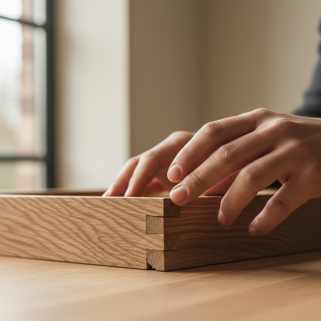 Close-up van handen die houten meubelverbinding inspecteren